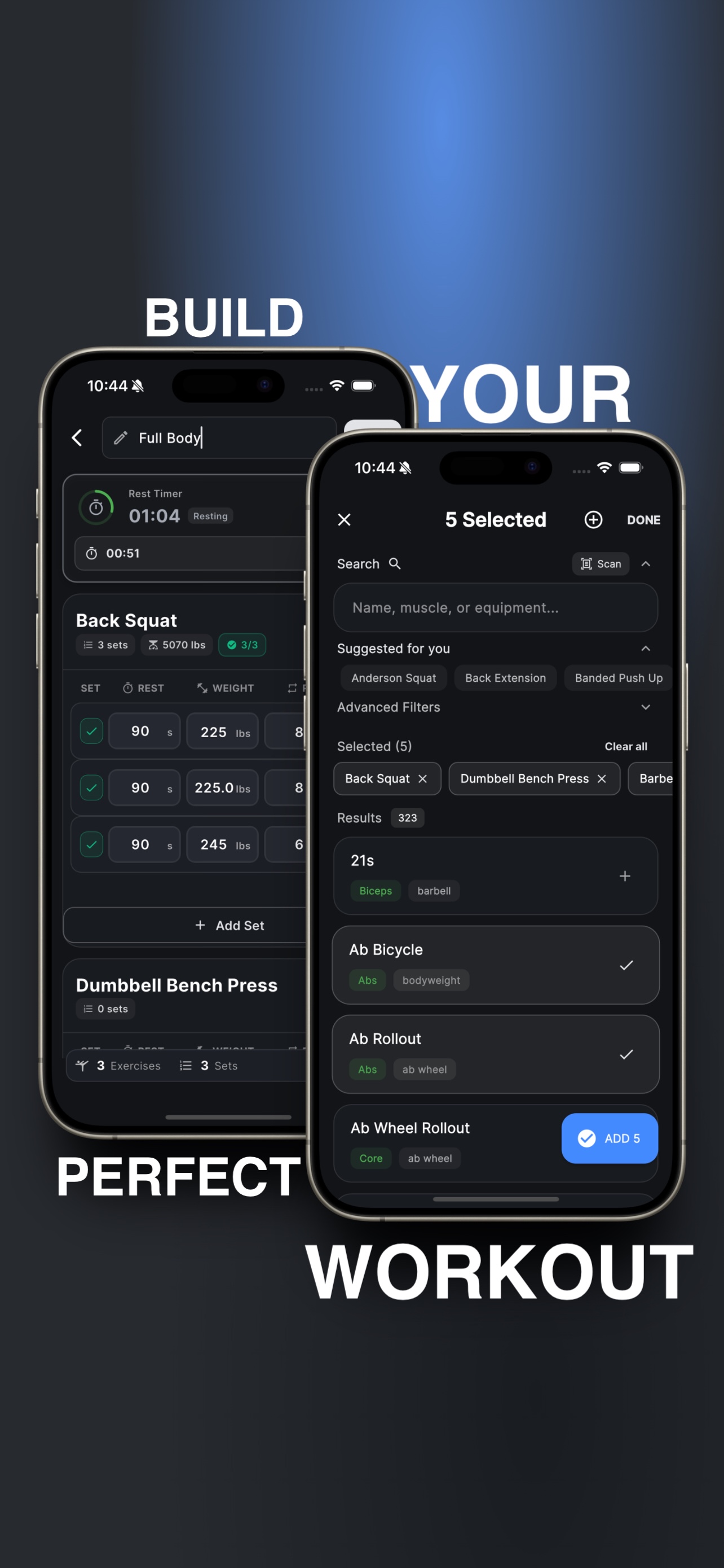 Fitnex marketing screenshot of active workout logging and exercise selection