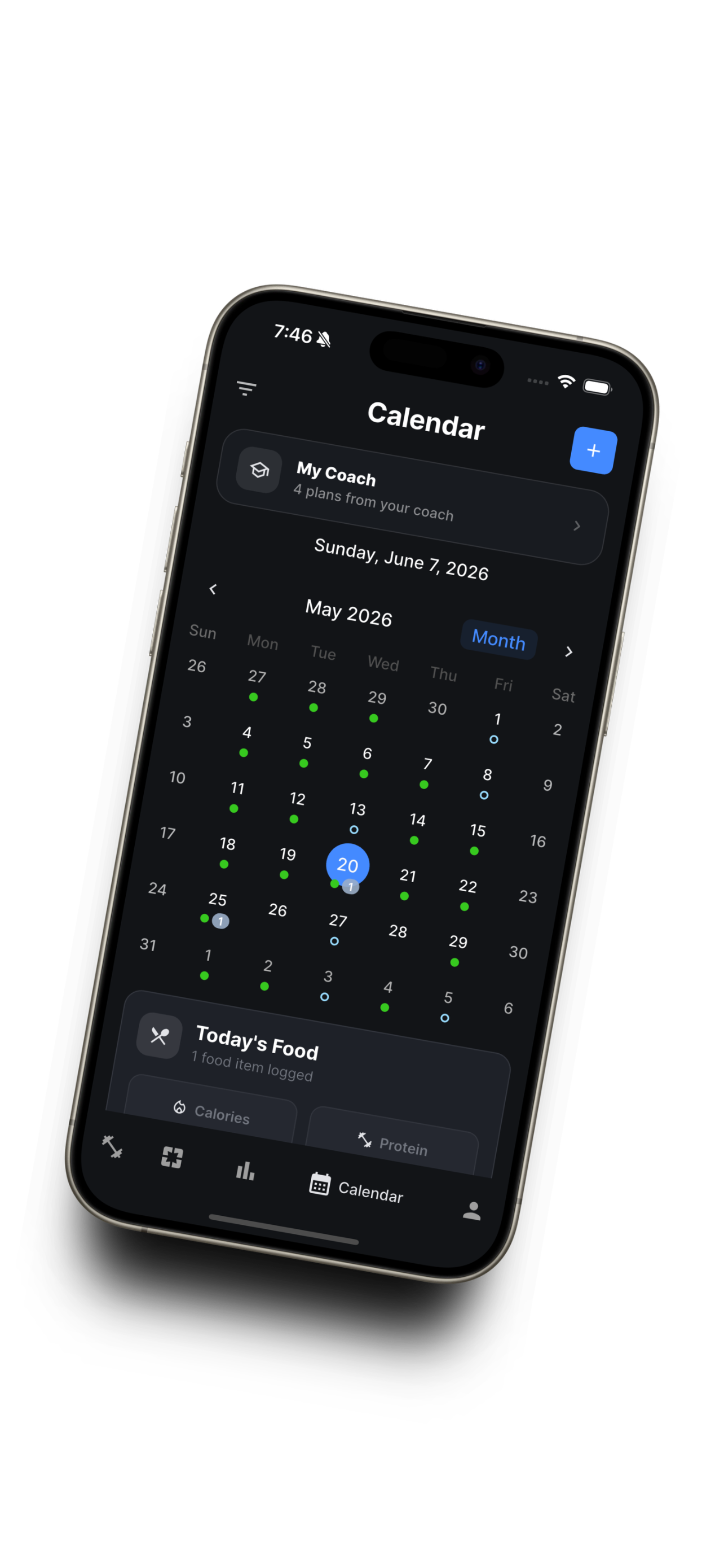 Fitnex training calendar with coach plans on iPhone