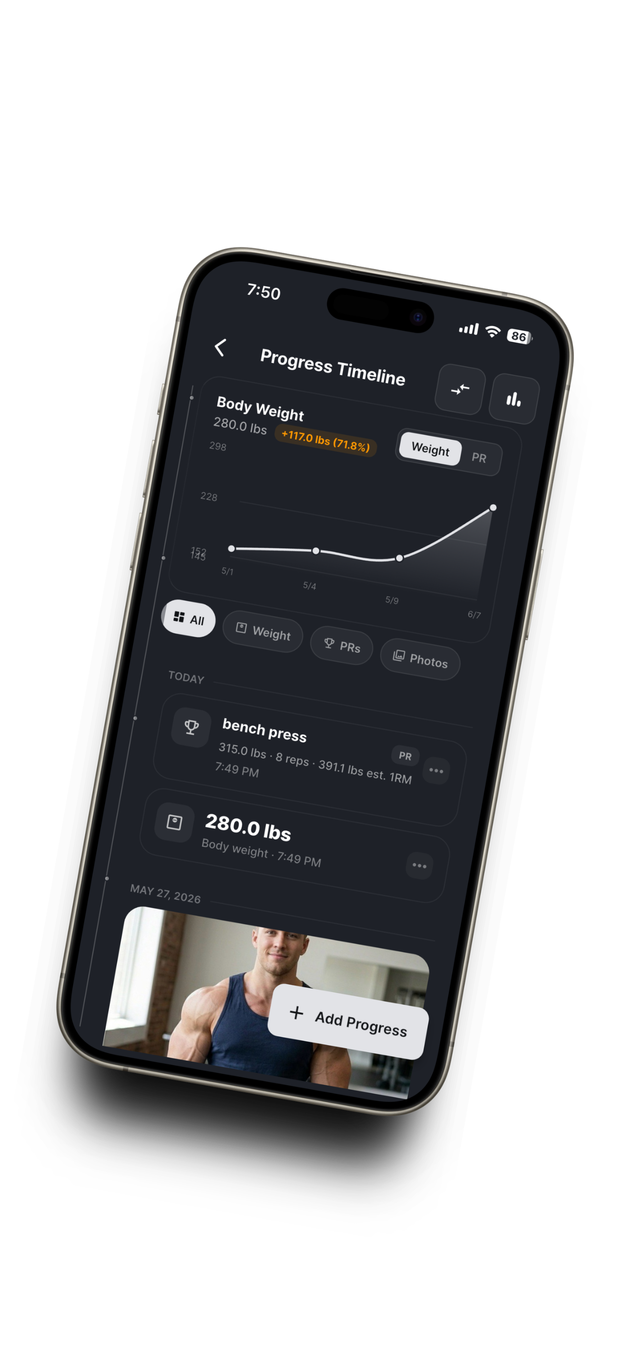 Fitnex progress timeline with weight chart and PRs on iPhone