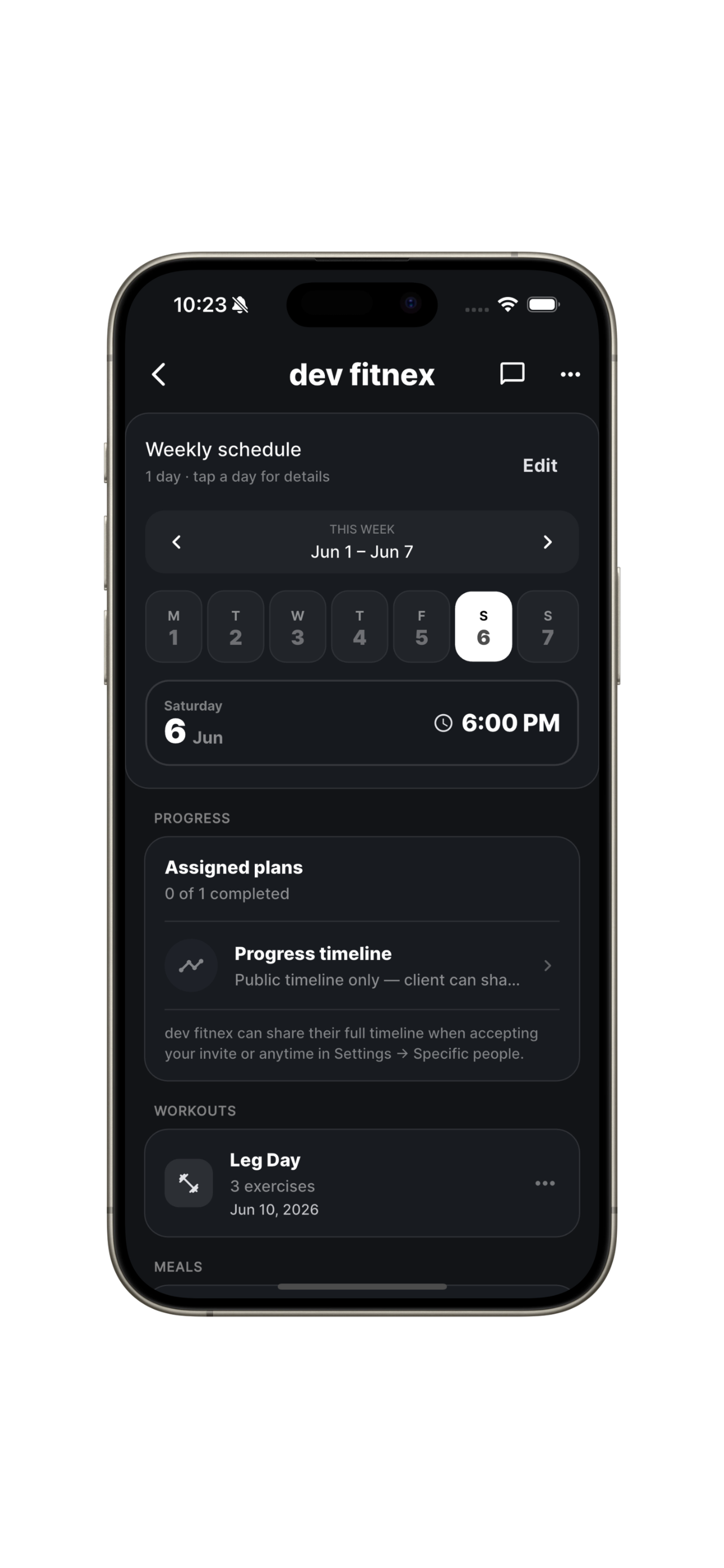 Fitnex trainer view of a client schedule, assigned plans, and progress timeline on iPhone