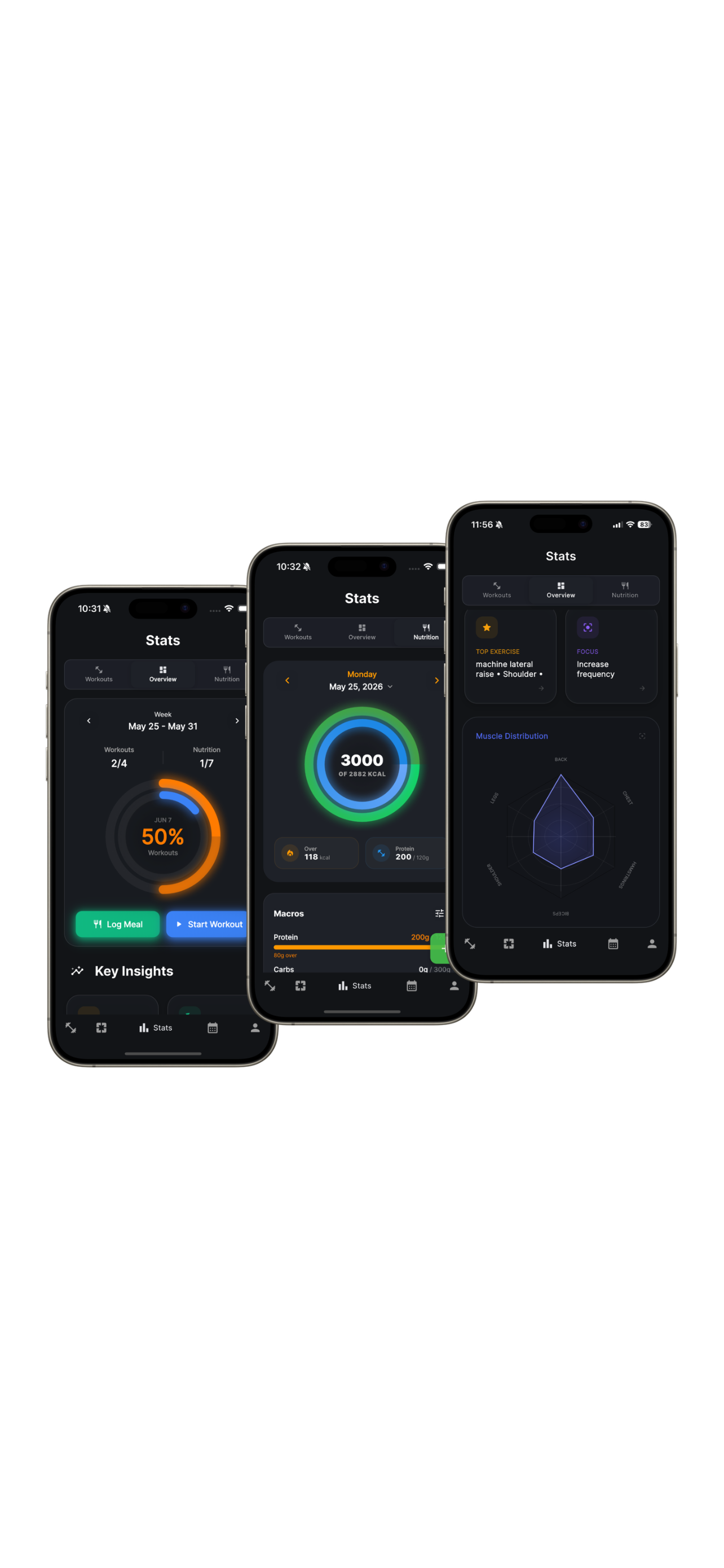 Fitnex stats overview, nutrition rings, and muscle distribution on iPhone