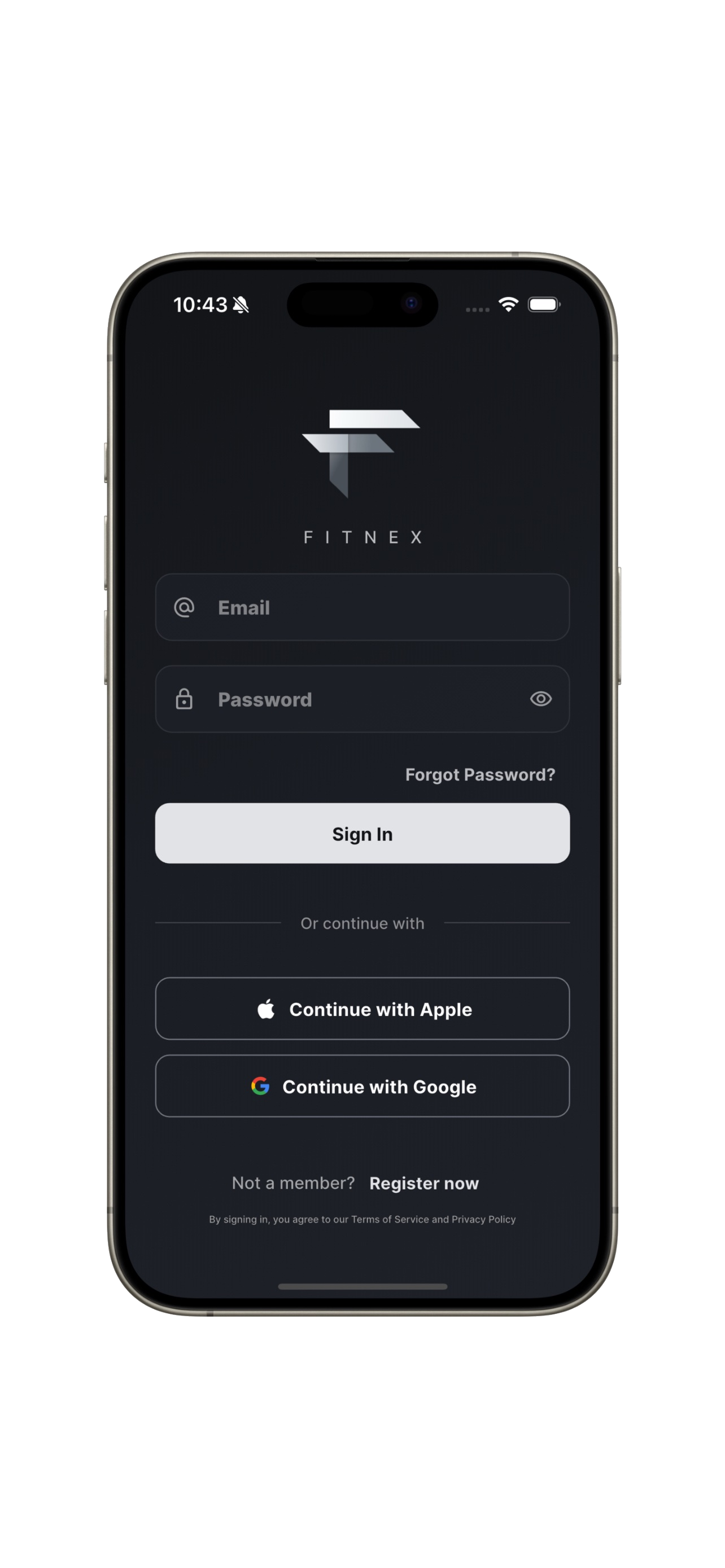 Fitnex sign-in screen on iPhone