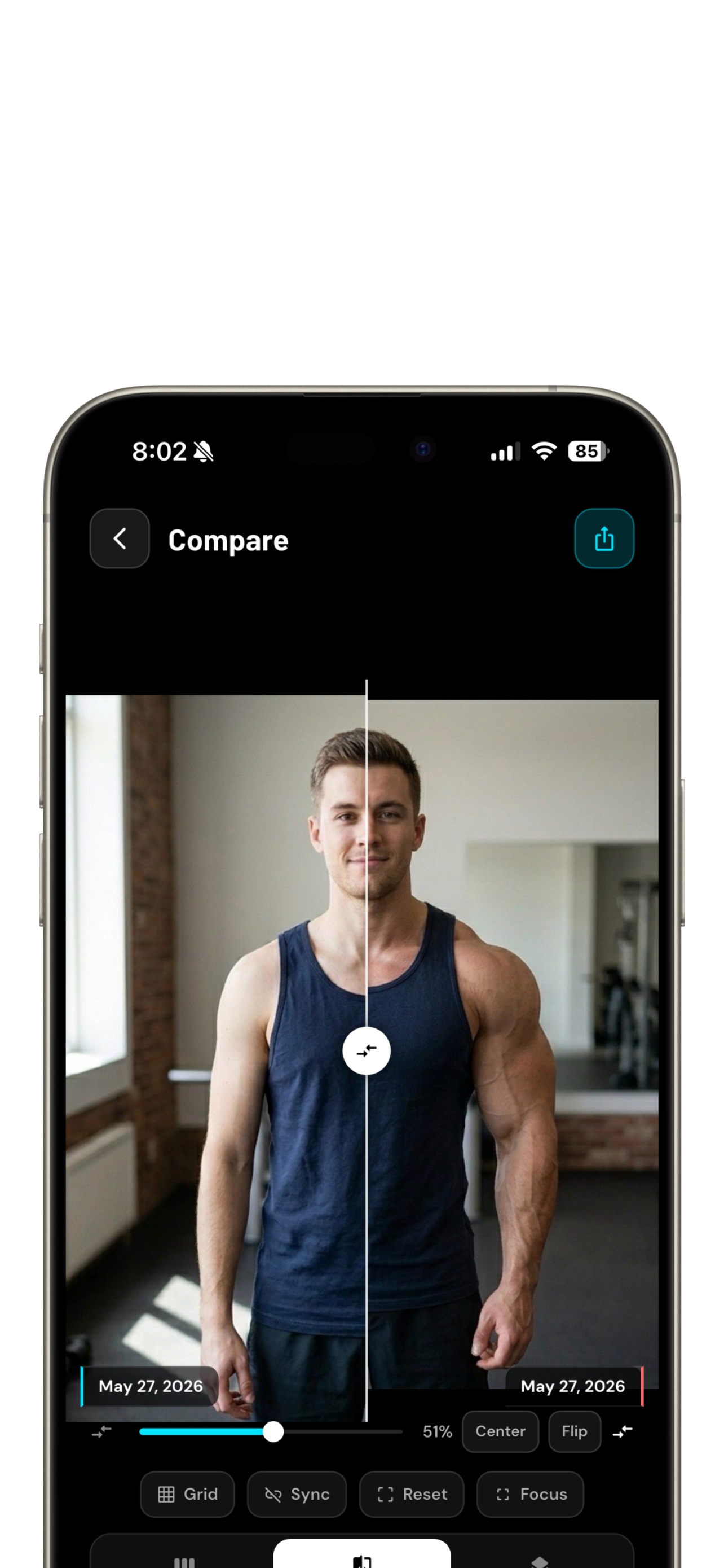 Fitnex progress photo comparison on iPhone