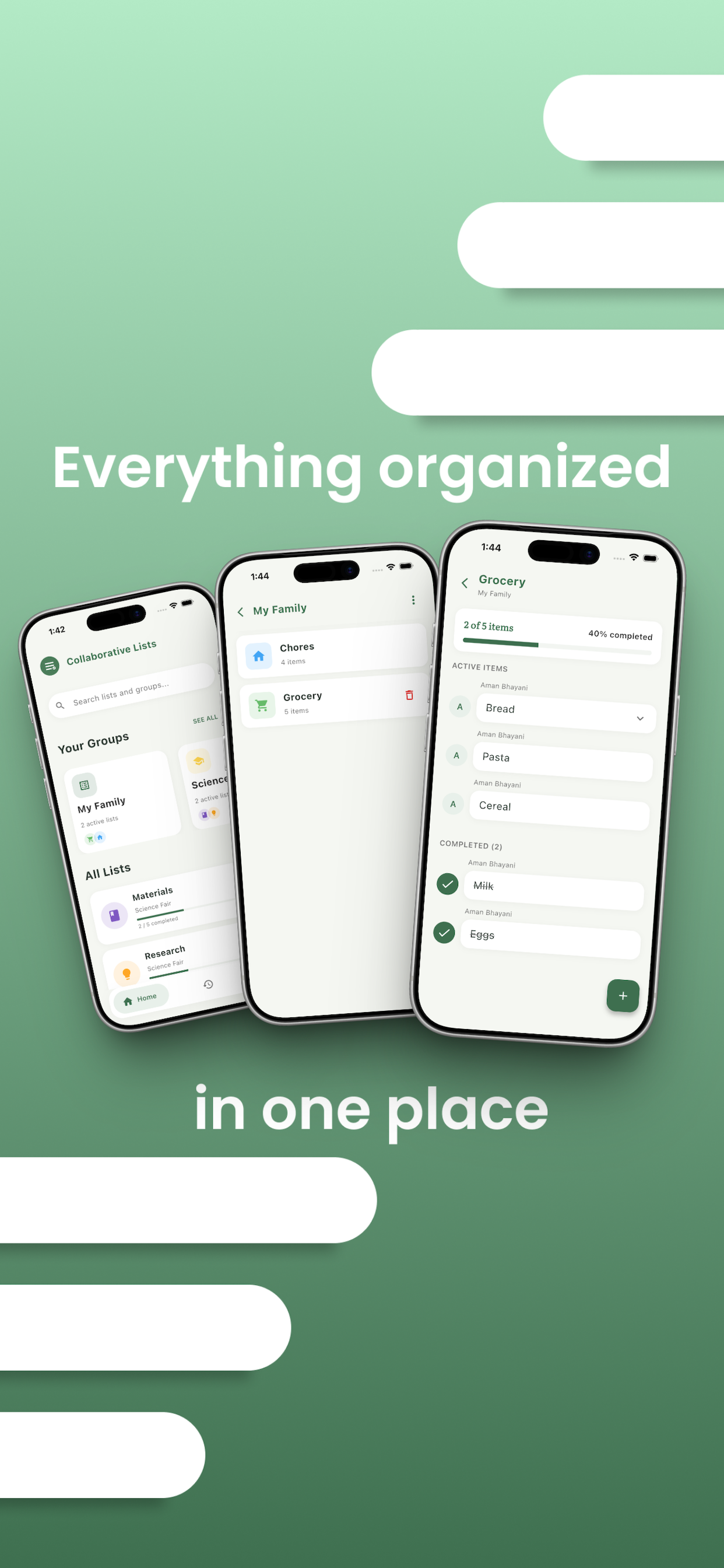 DoIt home, group, and grocery list screens on iPhone