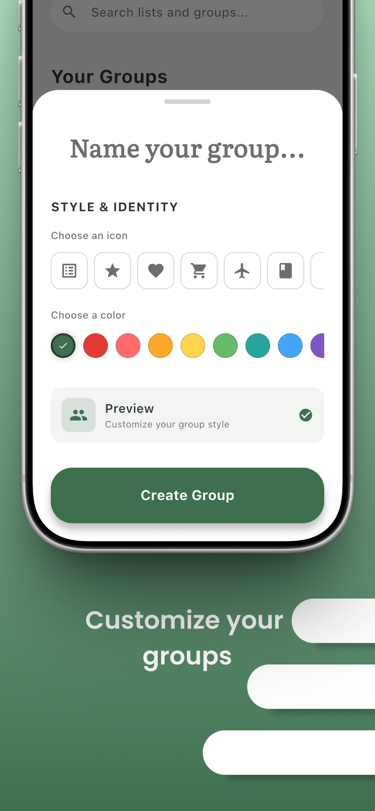 DoIt create group screen with icon and color options on iPhone