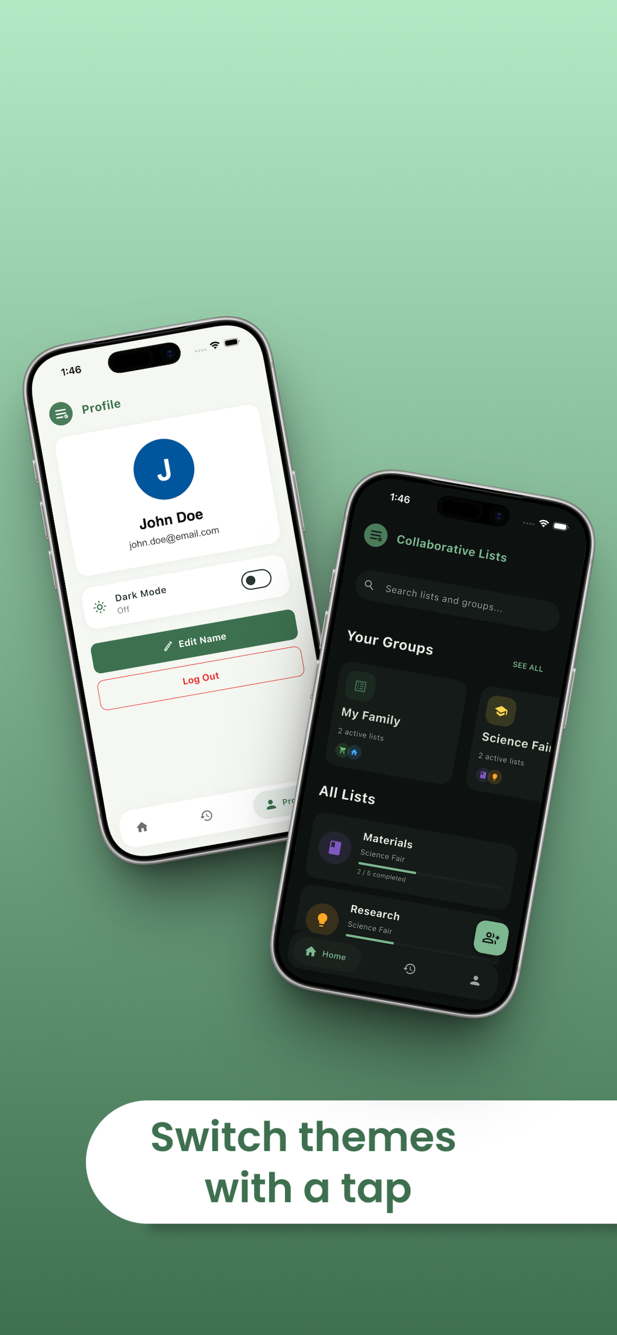 DoIt light profile screen and dark mode collaborative lists on iPhone