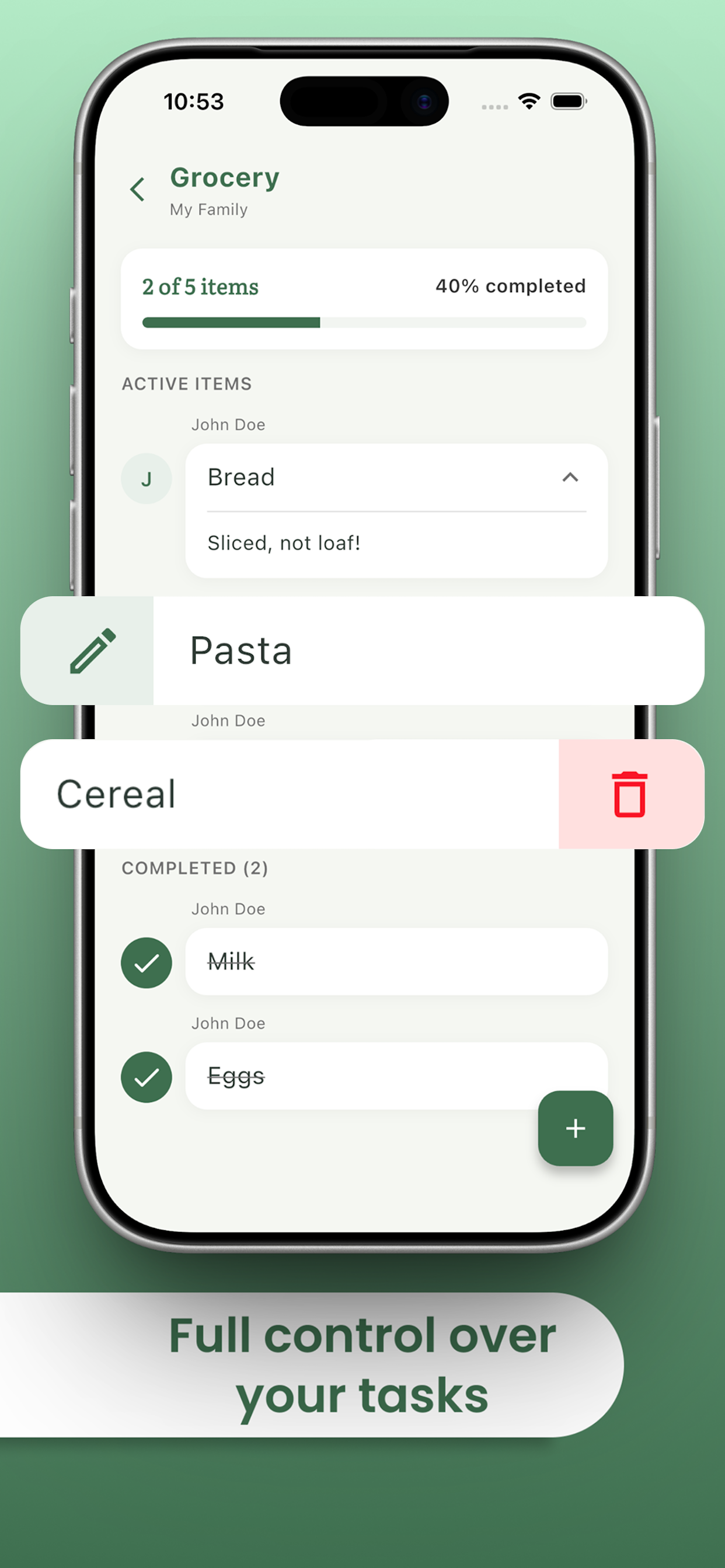 DoIt grocery list with notes, swipe actions, and assigned items on iPhone