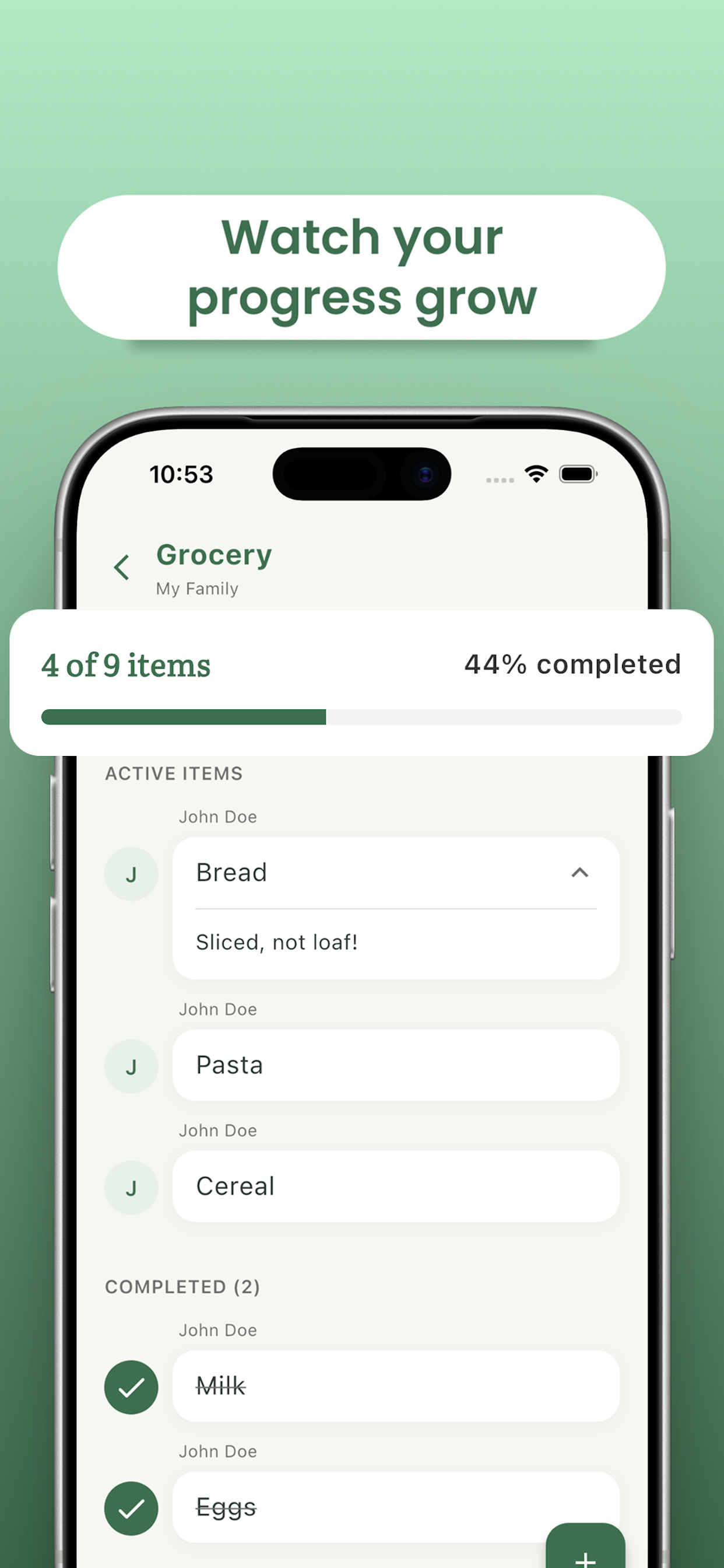 DoIt grocery list progress bar and completed items on iPhone