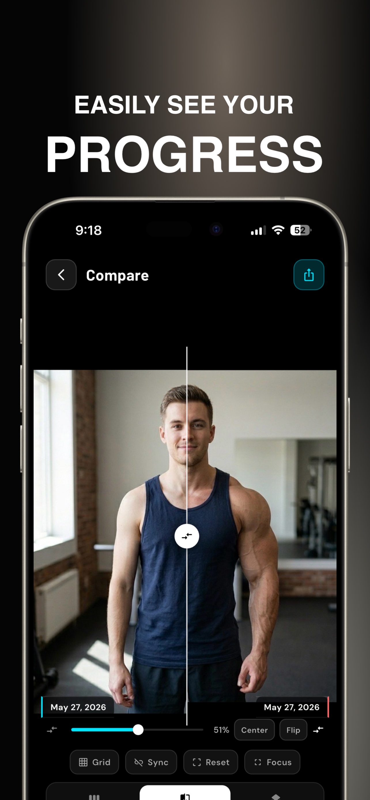 Fitnex marketing screenshot of side-by-side progress photo comparison