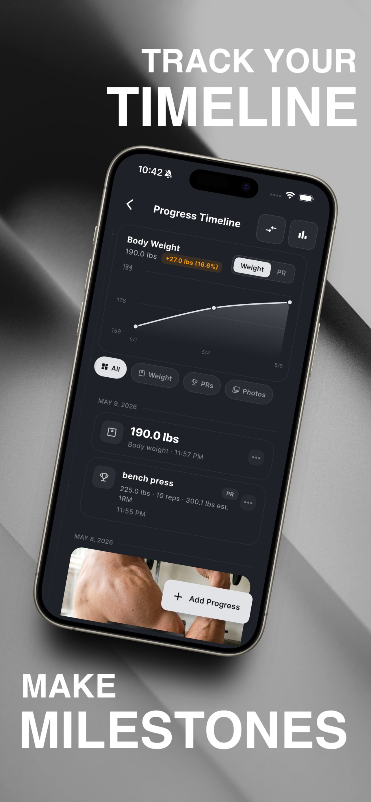 Fitnex marketing screenshot of the progress timeline with weight chart and PRs