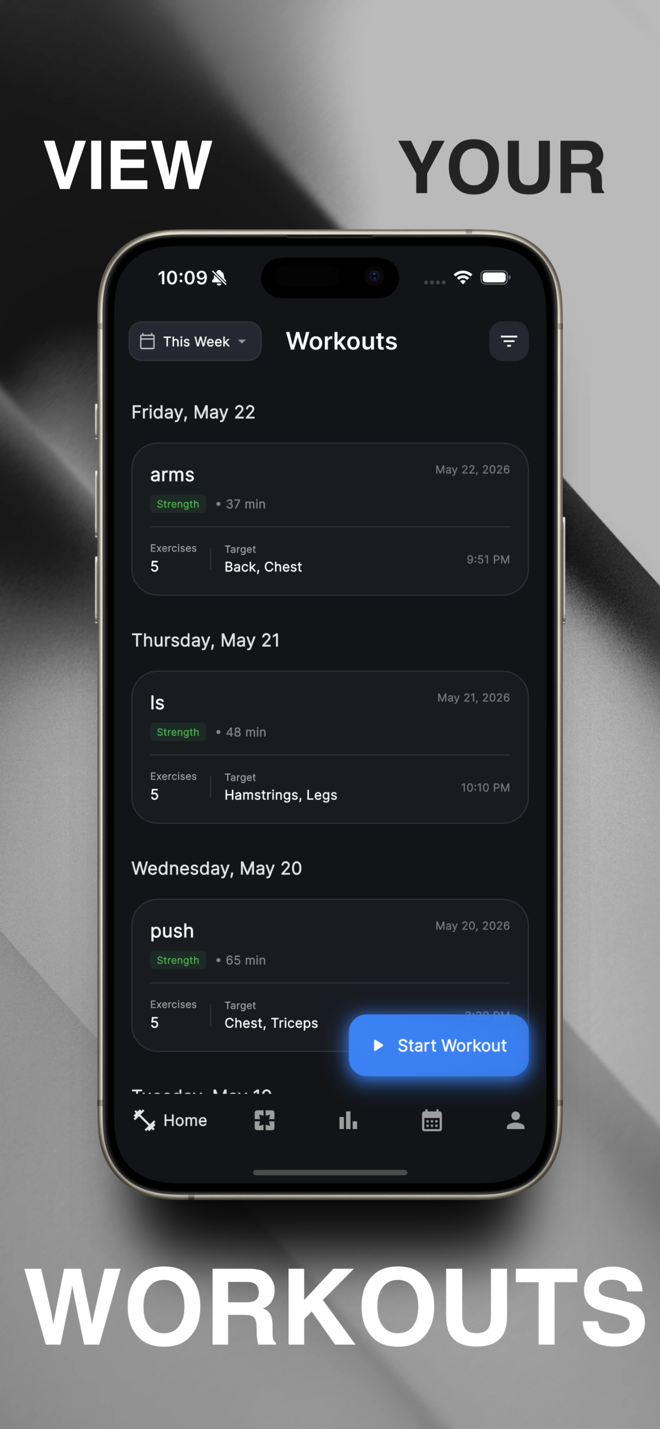 Fitnex marketing screenshot showing the workouts list with Start Workout